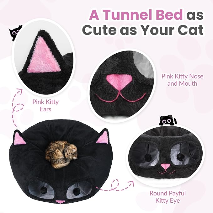 Cat Tunnel Bed for Indoor Cats, Peekaboo Cat Cave with Washable Soft Play Mat, Furry Cat Tube, for Kitten/Puppy/Rabbit, Kitten Series Black Pink