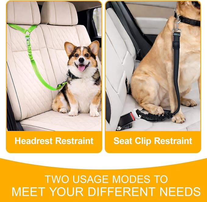 2-Pack Dog Car Seat Belt, 3-in-1 Headrest-Mounted Dog Seatbelt for Car, Adjustable Nylon Pet Safety Leash with Elastic Buffer & Reflective Stitching, Durable Car Harness for Dogs Fits Most Vehicles