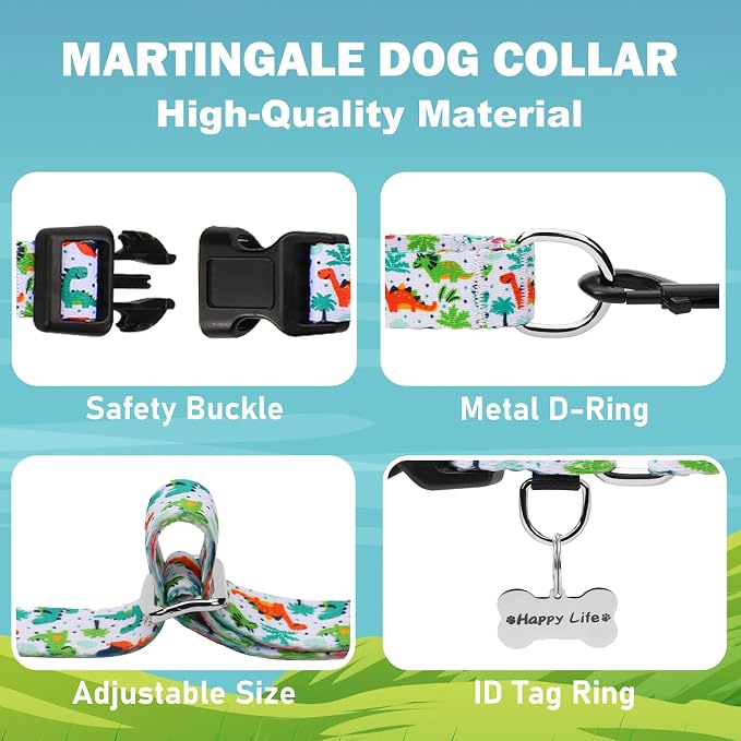 Martingale Dog Collars with Buckle No Pull Training Dog Collar for Small Dogs (Green Dinosaur, Small)