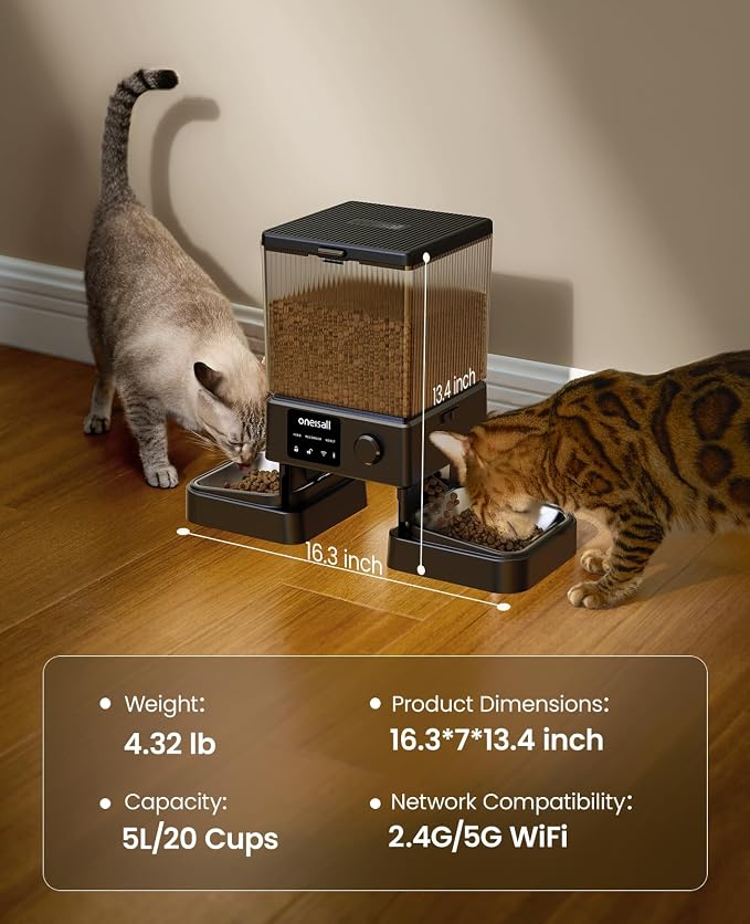 oneisall Automatic Cat Feeder with 5G WiFi, Automatic Cat Food Dispenser for 2 Cats Small Pets, 20 Cups/5L Timed Dry Food Dispenser with App Control