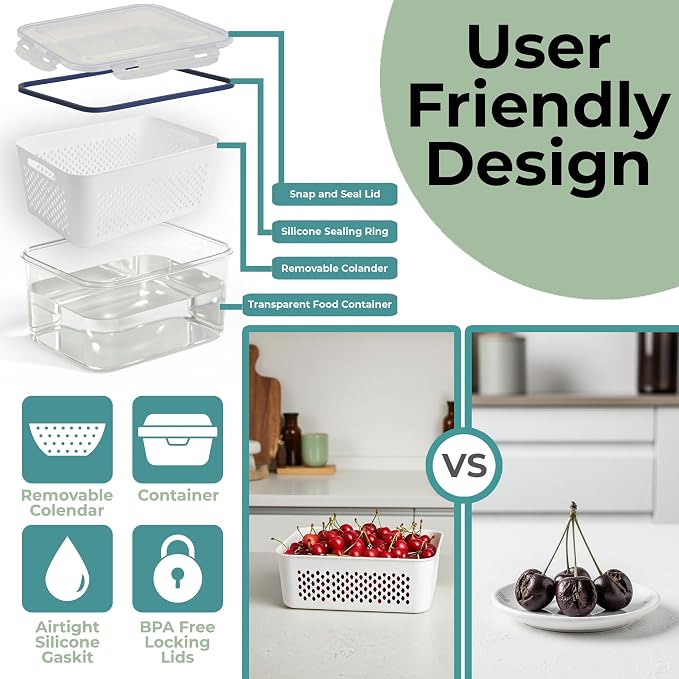 5 Pack Large Fruit Storage Containers for Fridge with Removable Colander-Plastic Food Storage Containers with Lids Airtight-Leak Proof Refrigerator Organizers and Storage of Vegetable -Produce Storage