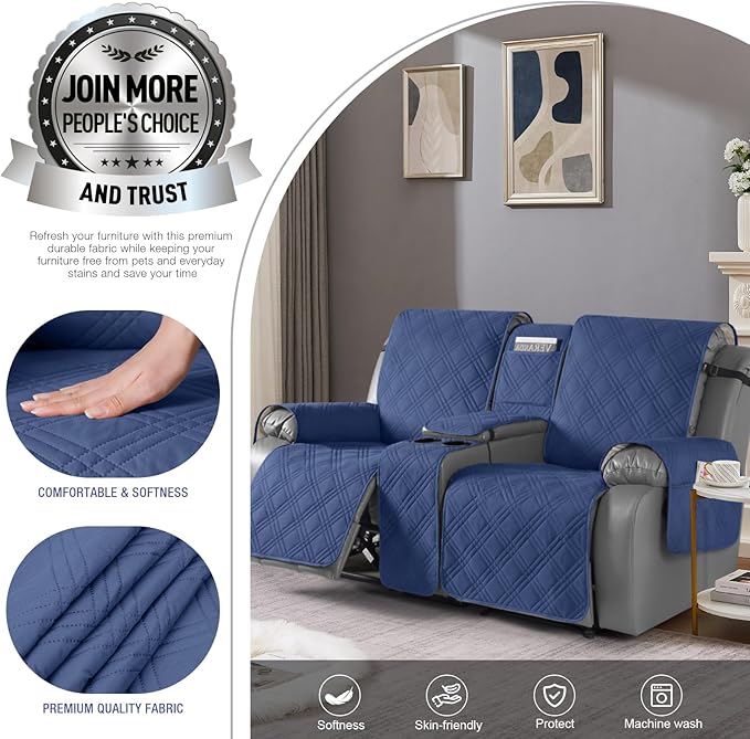 TAOCOCO Loveseat Recliner Cover with Center Console, 100% Waterproof Pet Cover for Dual Recliner with Straps Design, Split Reclining Loveseat Covers Furniture Pet&Kids Protector (2 Seater, Ocean Blue)