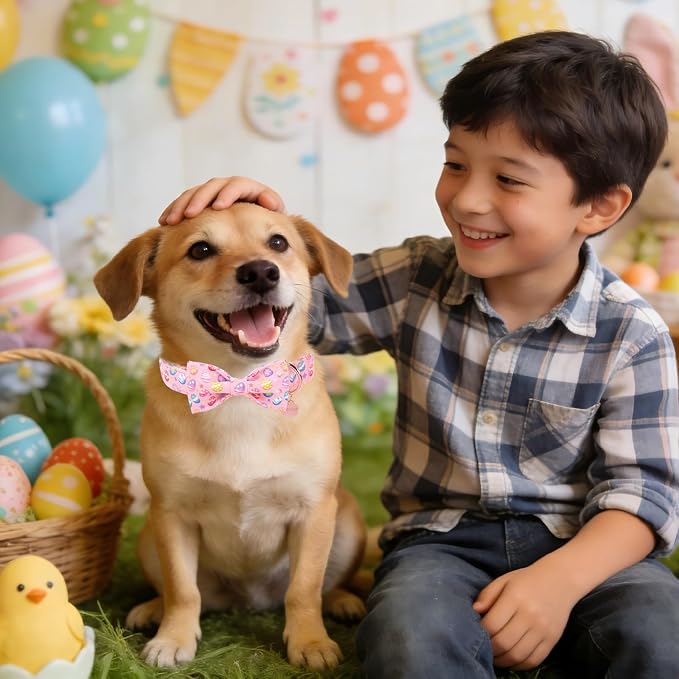 Easter Day Dog Collar with Bow, UP URARA PUP Easter Eggs Adjustable Pet Collar Bowtie with Metal Buckle, Colorful Eggs Cotton Dog Collars for Small Medium Large Dogs, L