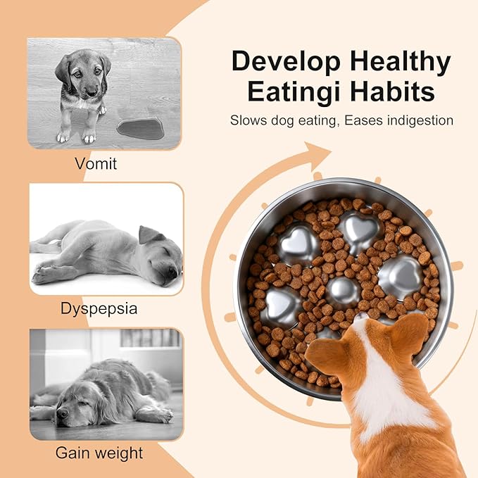 2 Pack Stainless Steel Slow Feeder Dog Bowls, Non-Slip Metal Pet Bowls for Fast Eaters, Anti-Gulping Bloat Prevention Dog Food Bowls, Easy to Clean for Small Breeds