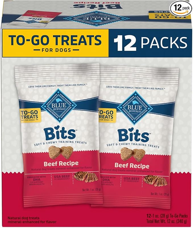 Blue Buffalo Bits Natural Soft Moist to Go Dog Training Treats Beef Recipe 1-oz Bags (Pack of 12)