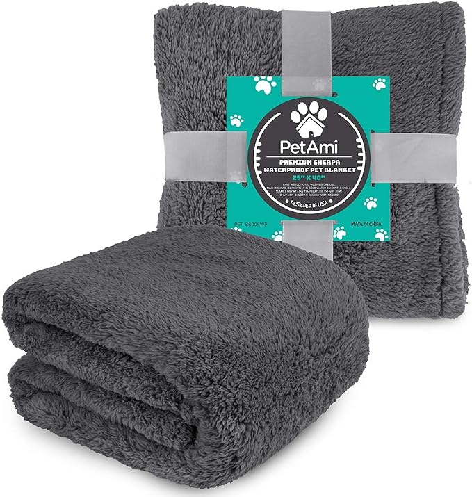PetAmi Fluffy Waterproof Dog Blanket for Couch and Bed, Reversible Sherpa Pet Throw, Pee Proof Furniture Protector Sofa Cover, Washable Cat Blanket for Small Medium Dogs and Cats (Grey, 29x40)