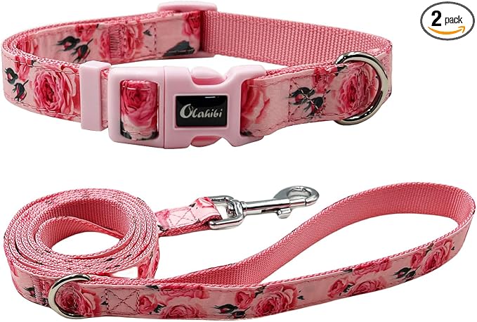 Dog Collar Leash Set, Floral Pattern, Nylon Webbing Plus Cotton Ribbon, 5ft Matching Leash, for Medium Dogs.(M, Pink Rose)