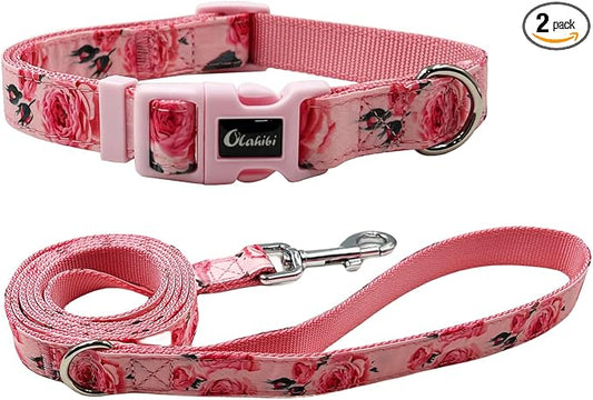Dog Collar Leash Set, Floral Pattern, Nylon Webbing Plus Cotton Ribbon, 5ft Matching Leash, for Medium Dogs.(M, Pink Rose)