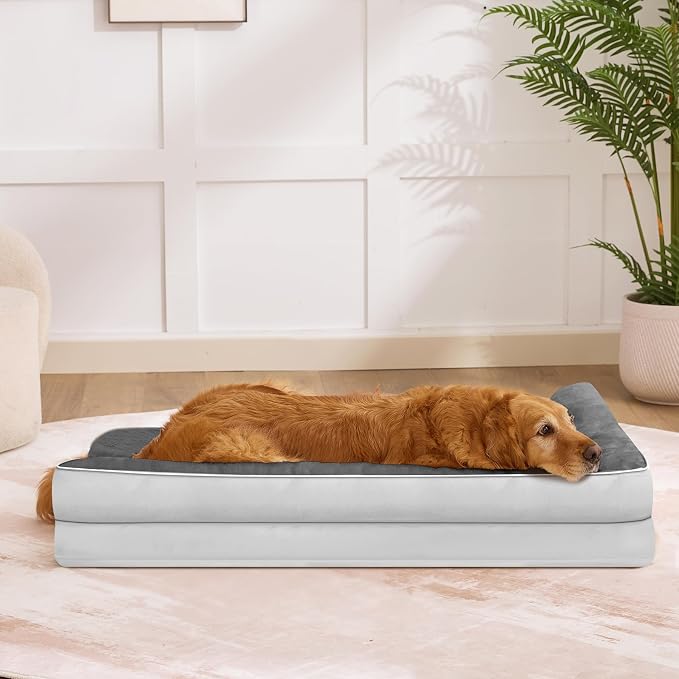 Dog Bed Large Sized Dogs, XL Orthopedic Dog Bed for Large Dogs 42"x30"x7.5", Waterproof Pet Bed with Washable Removable Cover, L-Shaped Pet Couch with Portable Handle, Grey Flannel