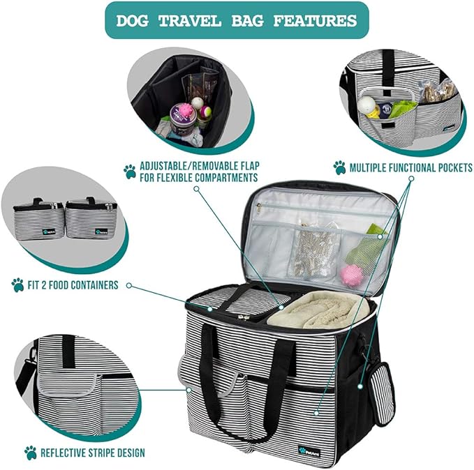 PetAmi Dog Travel Bag Organizer, Pet Travel Kit with 2 Food Containers & 2 Collapsible Dog Bowls, Pet Supplies Tote with Luggage Sleeve, Weekend Road Trip Camping Essentials, Stripe Black, Large