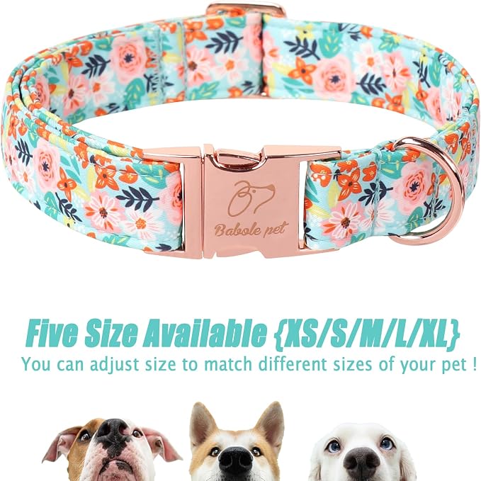 Floral Dog Collar - Cute Summer Flowers Dog Collars for Large Dogs, Durable Adjustable Male Female Puppy Collar with Metal Buckle L