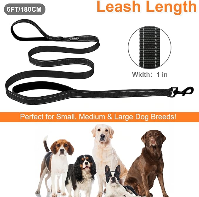 Heavy Duty Dog Leash with 2 Comfortable Padded Handles, 6 FT Traffic Handle Extra Control, Highly Reflective Threads Leash for Small/Medium/Large Dogs (Black)