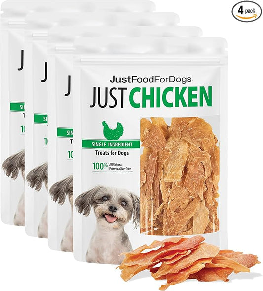 JustFoodForDogs Single Ingredient Healthy Dog Treats and Dog Snacks, Jerky Treats, Human Grade, Preservative and Grain Free, Rawhide Free Chews, Low Calorie Treat - Chicken Breast, 2.5 oz Pack of 4