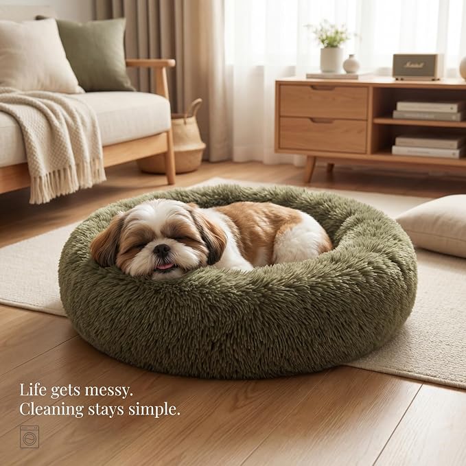 Calming Donut Dogs Beds for Small Dogs Washable,23inch Plush Round Pet Bed for Cozy Sleep,Fluffy Faux Fur Large Cat Bed,Fits up to 25 lbs Pets,Army Green