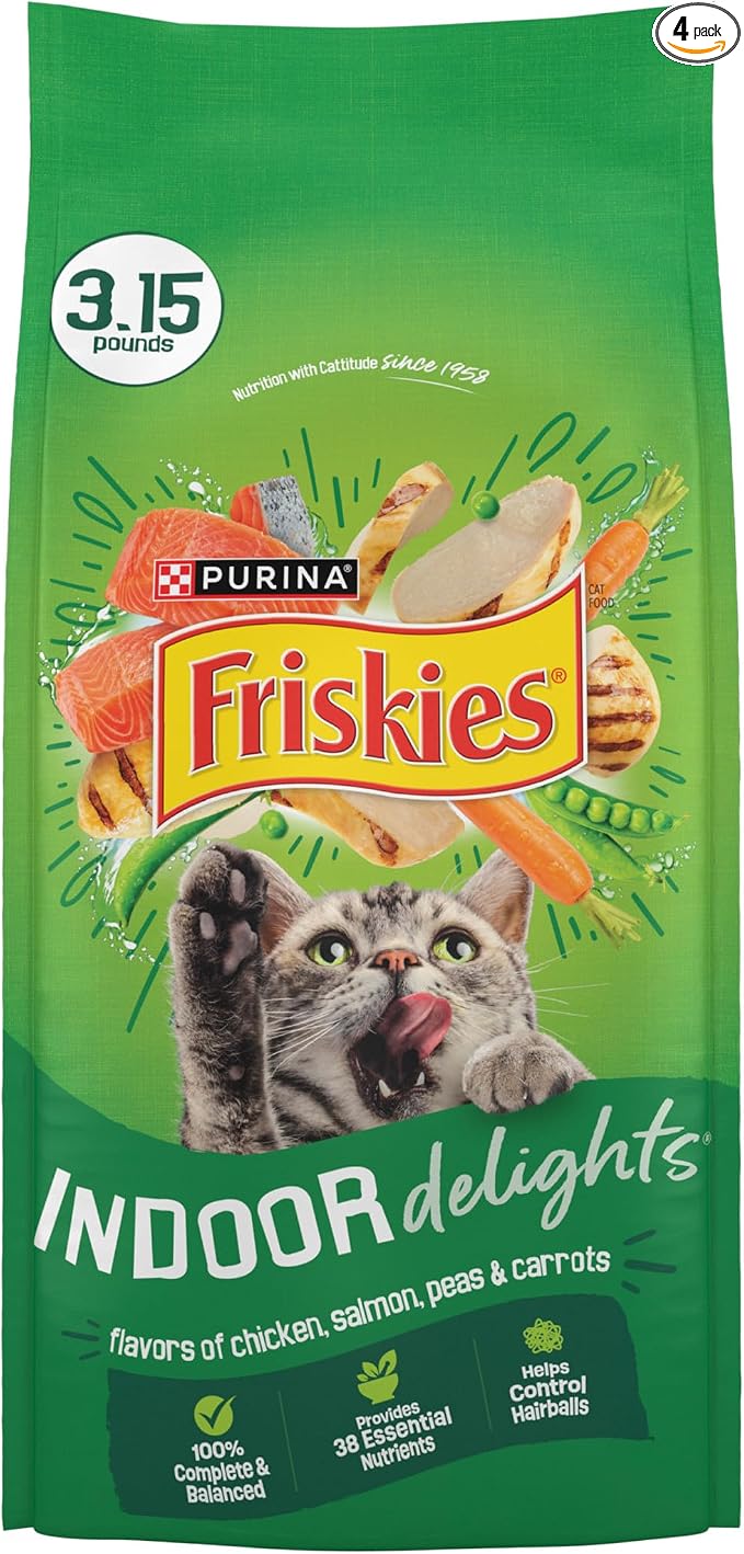 Purina Friskies Dry Cat Food Indoor Delights Flavors of Chicken, Salmon, Peas, and Carrots - (Pack of 4) 3.15 lb. Bags