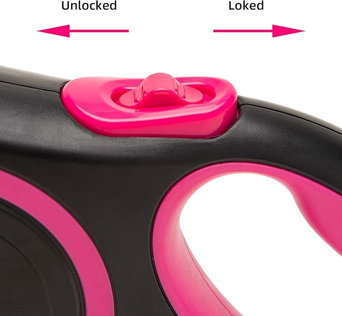PINA Retractable Dog Leash, 26ft Dog Leash for Small Medium Large Dogs Up to 110lbs, 360° Tangle-Free Strong Reflective Nylon Tape, with Anti-Slip Handle, One-Handed Brake, Lock - Black Pink