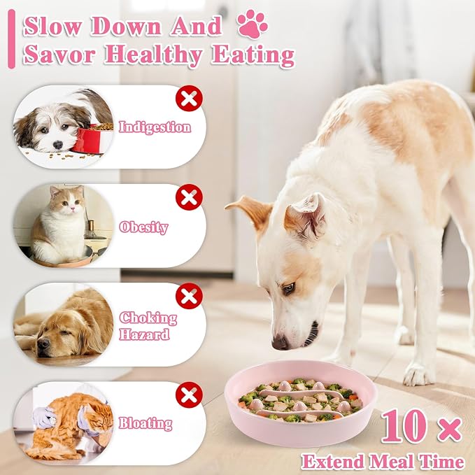 Ceramic Slow Feeder Dog Bowls, 1.5 Cups Dog Food Dish for Medium and Large Breed, Puzzle Dog Food Bowl for Fast Eater, 28OZ, 7.5 inch(Pink)