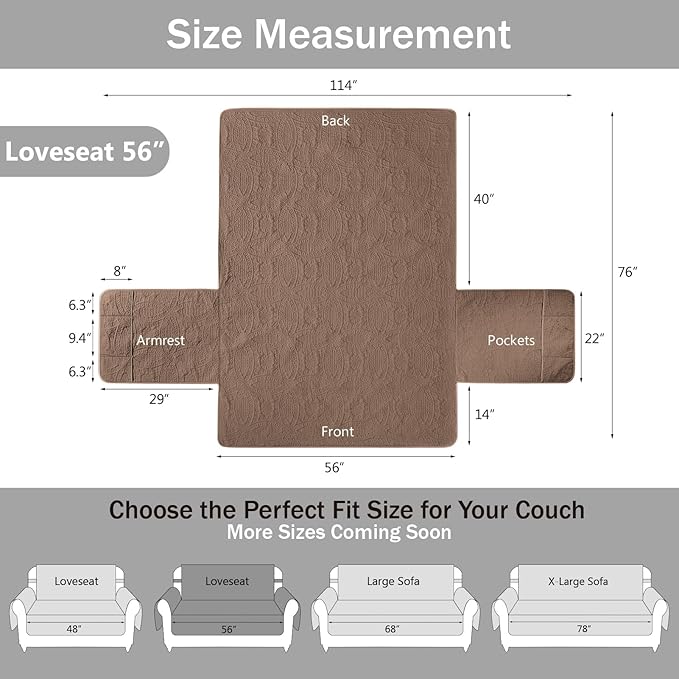 Toffee Loveseat Covers 2 Cushion Couch, Water-Repellent Sofa Cover for Love Seat, Washable Quilted Couch Covers, Pet Friendly Sofa Slipcovers (Loveseat 56", Raw Umber)