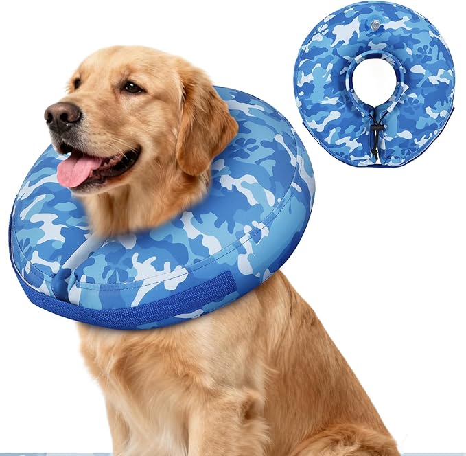 IEUUMLER Inflatable Recovery Dog Cone Collar, Neck Donut Protective ECollar, Adjustable Soft Collar for Dog and Cat After Surgery Prevent from Biting & Licking EU020 Blue Camo L+