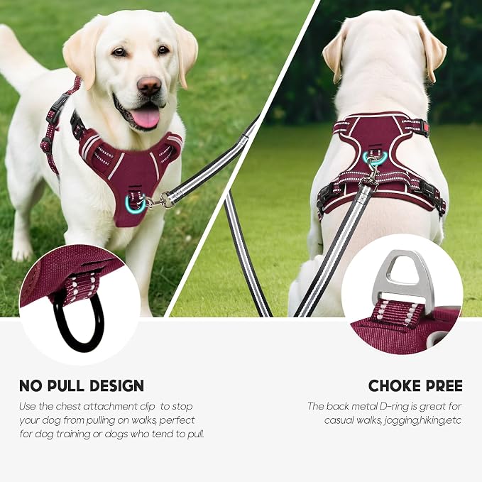 Timos Dog Harness Medium Sized, No Pull Pet Harness with Neck Lockable Snap, No Choke Front Clip Reflective Vest, Adjustable Metal Rings 3 Buckles, Easy Control Handle for Medium Dogs Burgundy M