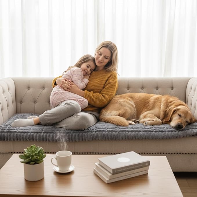 Fixwal Waterproof Dog Couch Cover, Washable Non-Slip Pet Couch Covers for Sofa, Leak-Proof Sofa Protector for Dogs, Pet Friendly Thick Soft Fuzzy Furniture Cover (Light Grey, 27.6" x 82.7")