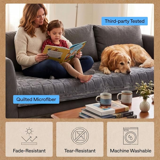GORILLA GRIP Slip and Leak Resistant Plush Quilted Recliner Cushion Cover Blanket, Soft Couch Covers for Sofa Dogs, Machine Washable Furniture Protector Pet Friendly Couches, Gray, 28x28 Inches