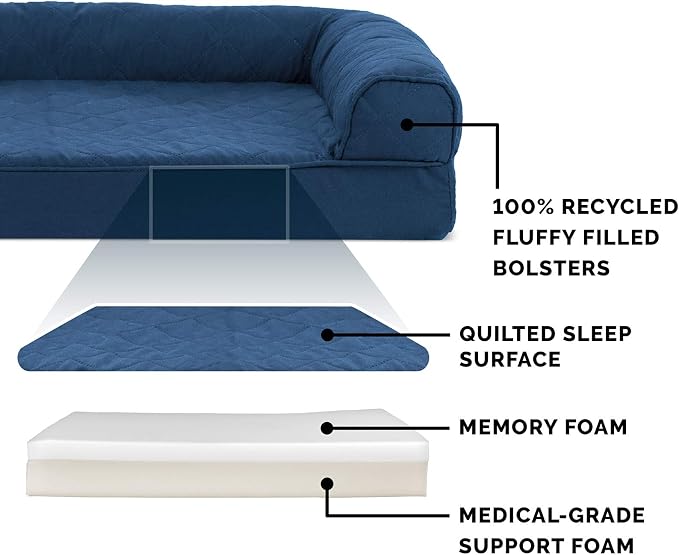 Furhaven Memory Foam Dog Bed for Large Dogs w/ Removable Bolsters & Washable Cover, For Dogs Up to 125 lbs - Quilted Sofa - Navy (Blue), Jumbo Plus/XXL