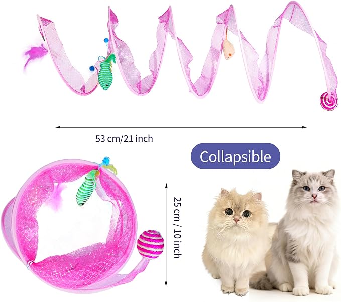 Cat Tunnel with Hanging Toys, Cat Toys Kitten Toys Assorted, Indoor Activity Center for Cats and Kittens, 10 x 22 inches (Pink)