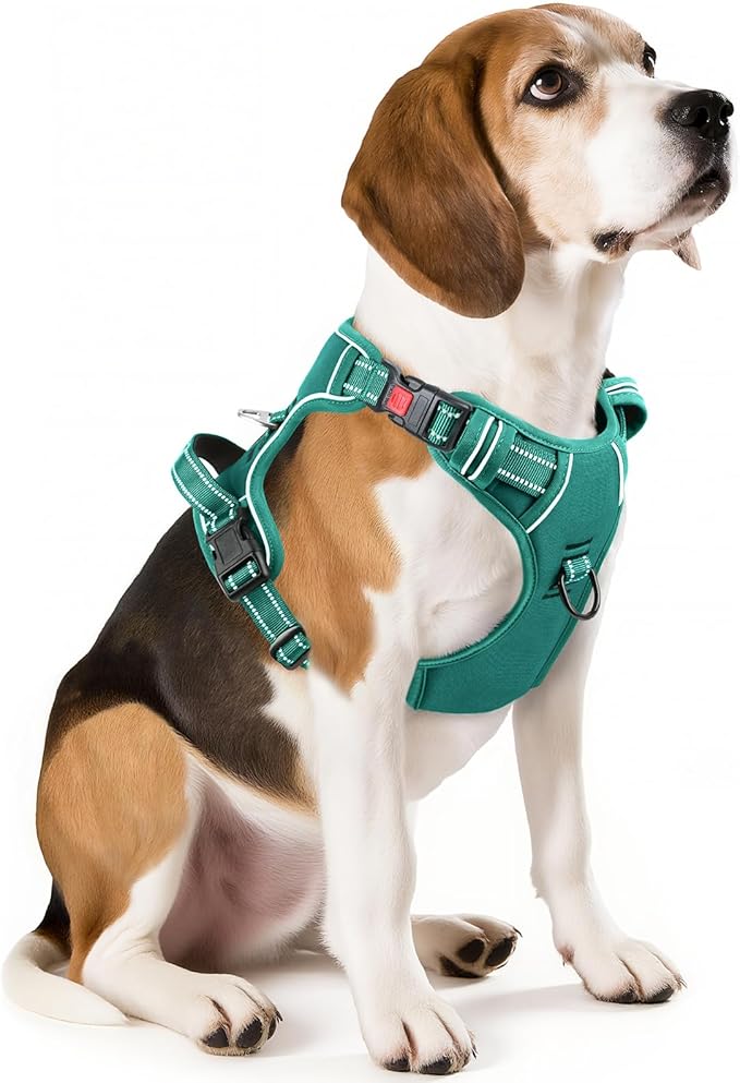 Timos Dog Harness Medium Sized, No Pull Pet Harness with Neck Lockable Snap, No Choke Front Clip Reflective Vest, Adjustable Metal Rings 3 Buckles, Easy Control Handle for Medium Dogs Grass Green M