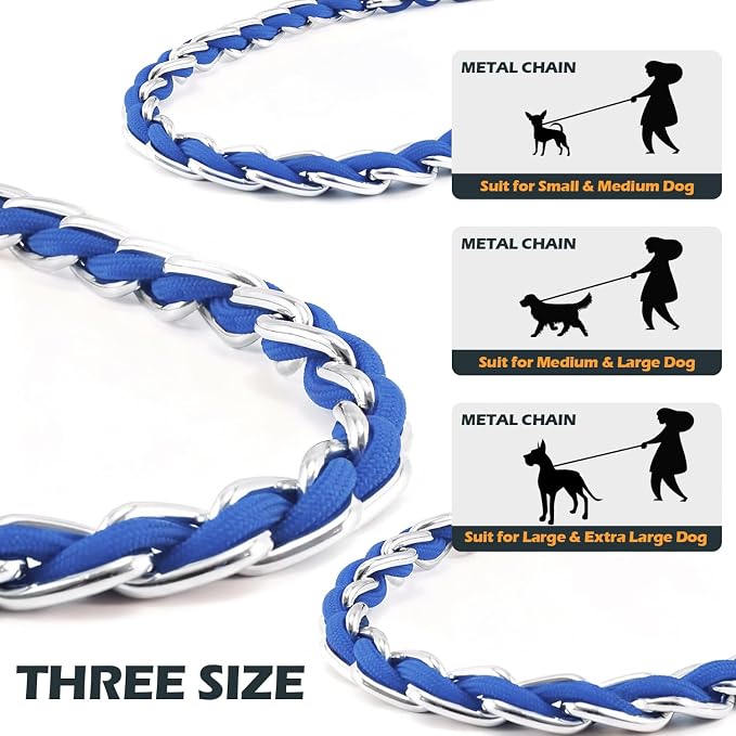Chain Dog Leash Chew Proof Metal Leash for Medium Large Dogs, Chain Link Dog Anti Chew 5.2FT / 4FT Strong Anti Bite Comfortable Soft Padded Handle (Blue, 4FT(30-80lb)
