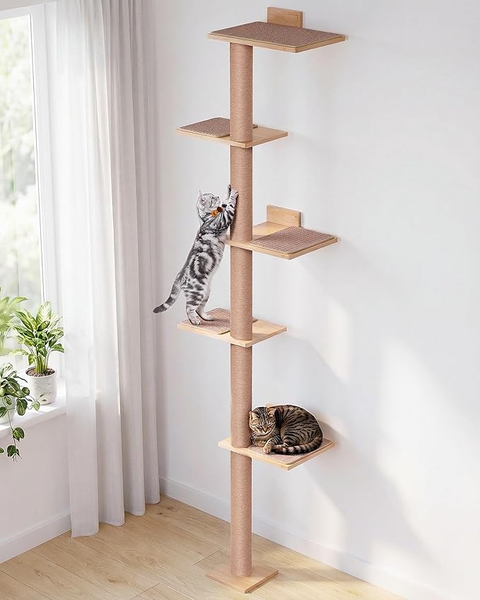 80.3" Tall Cat Tree for Wall, 5 Tier Floor to Ceiling Cat Tree, Adjustable Wall Mounted Cat Tree with 15.7" Top Perch Bed for Large Adult Cats