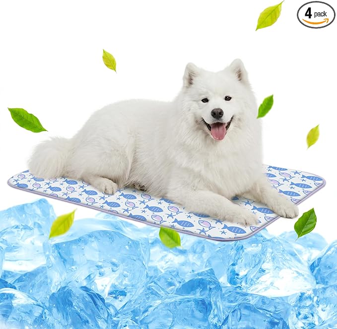 NWK Pack of 4 Pet Cooling Mat for Large Dogs -Q-Max>0.345 Ice Silk Cooling Mat for Dogs & Cats Portable & Washable Pet Cooling Blanket for Summer (4pcs, Purple Fish, 39'' X 27'' X 0.3'')