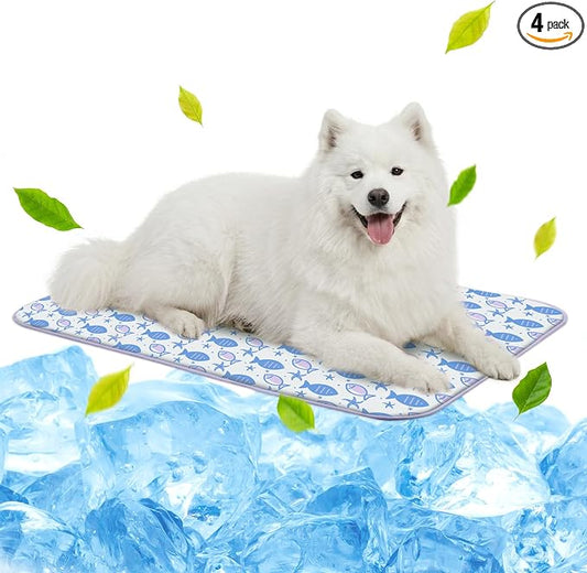 NWK Pack of 4 Pet Cooling Mat for Large Dogs -Q-Max>0.345 Ice Silk Cooling Mat for Dogs & Cats Portable & Washable Pet Cooling Blanket for Summer (4pcs, Purple Fish, 39'' X 27'' X 0.3'')