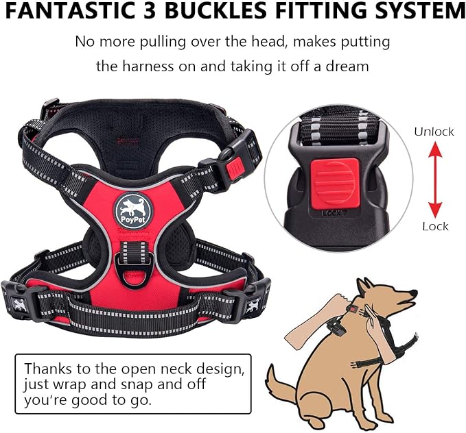 PoyPet No Pull Dog Harness, No Choke Front Clip Dog Reflective Harness, Adjustable Soft Padded Pet Vest with Easy Control Handle for Small to Large Dogs(Red,M)