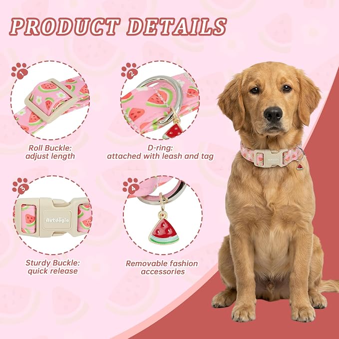 Pink Dog Collar with Watermelon for Summer,Adjustable Cotton Puppy Collars for Small Medium Large Dogs, Cute Girl or Boy Dog Collar Ideal for Gifts,Pet Accessory,M