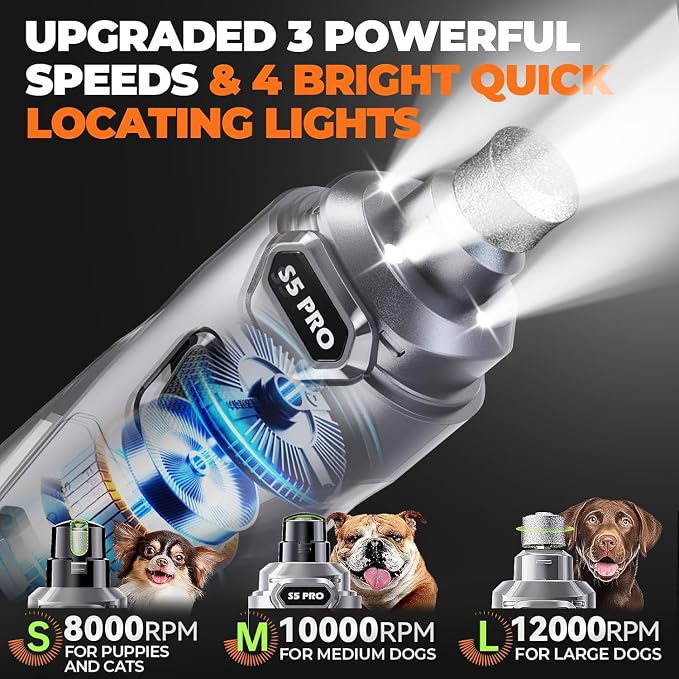 Whisper Quiet Dog Nail Grinder with 4 LED Lights, Safe & Stress-Free for Sensitive Dogs Cats of All Breeds & Sizes, 3 Grinding Bits, 3-Speed, Pet Nail Trimmers, Rechargeable Painless Grooming Kit Grey