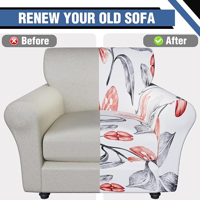 Stretch Couch Covers, Floral Printed Sofa Covers,2 Piece Armchair Slipcover with Separate Sect Cover,Washable Sofa Slipcover, Pet Friendly Furniture Protector Fit for Home (Armchair,Red Flower)