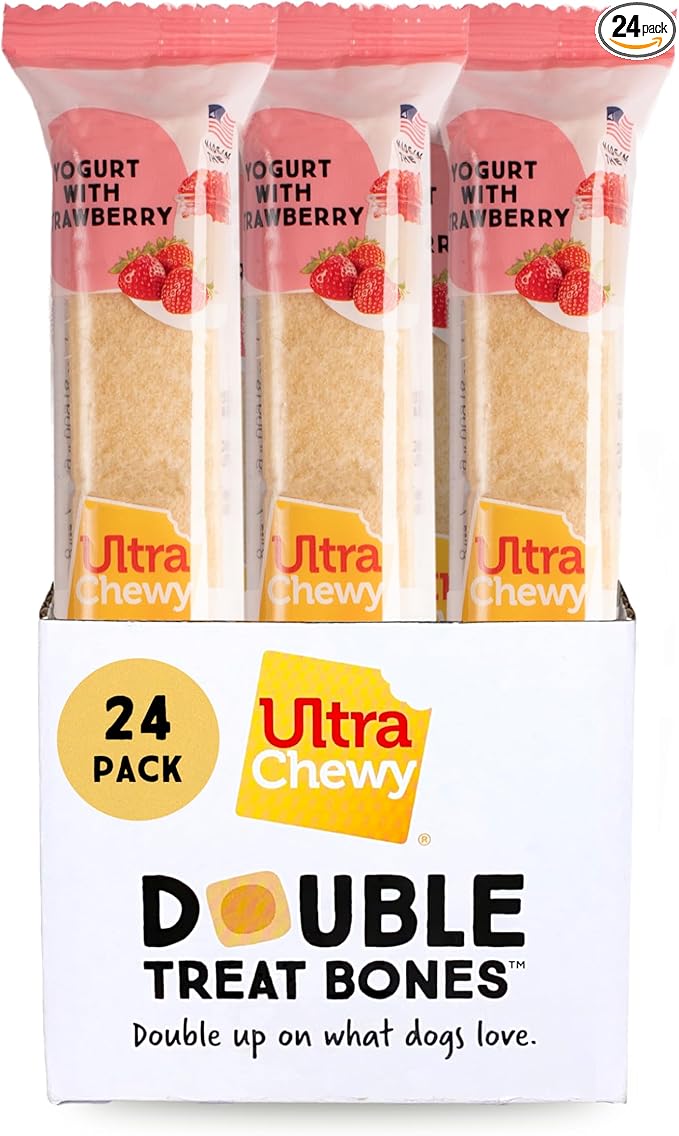 Ultra Chewy Yogurt with Strawberry Double Treat Bones: Long-Lasting Dog Treats Made in USA for Large and Small Breeds, Highly Digestible (24 Count)