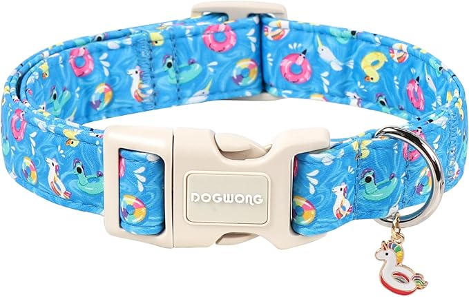 DOGWONG Summer Dog Collar for Medium Dogs, Beach Hawaiian Dog Collars, Blue Summer Boy Dogs Collars for Small Medium Dogs, Neck 14-21 inches