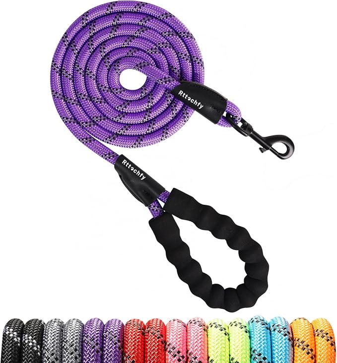 Rttochfy Rope Dog Leash 2/4/5/6/8/10 FT with Comfortable Padded Handle and Highly Reflective Threads for Small Medium and Large Dogs Heavy Duty (1/2"-6 FT, Purple)