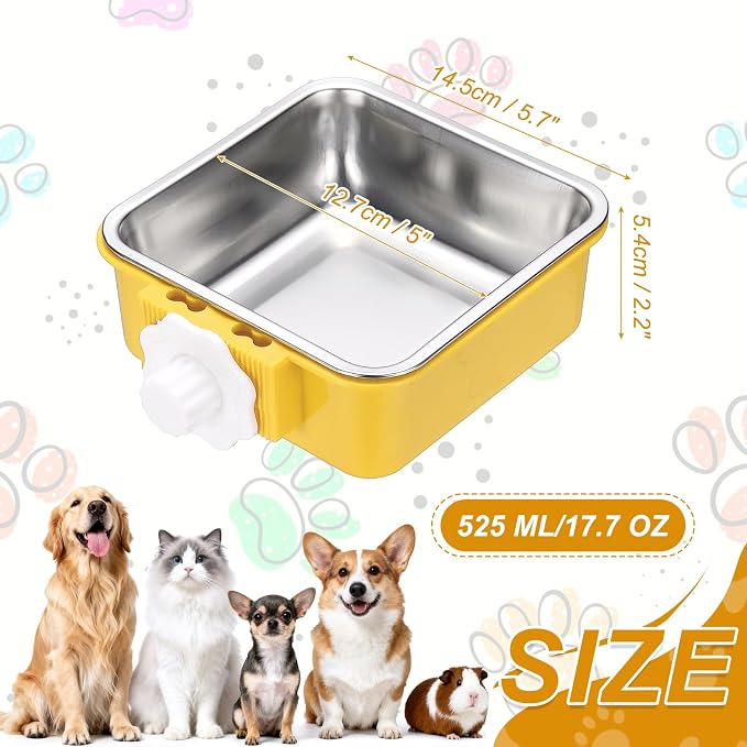 Crate Dog Bowl, Removable Stainless Steel Pet Cage Hanging Anti-Overturn Food Water Feeder Cage Cup (Square, Yellow, 17.7oz), Intended for Puppies/Cat/Rabbit/Bird