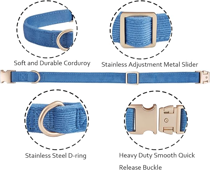 Soft Corduroy Dog Collar and Leash Set Adjustable Durable Dog Collars with Metal Buckle and Lead for Medium Dogs,Royal Blue