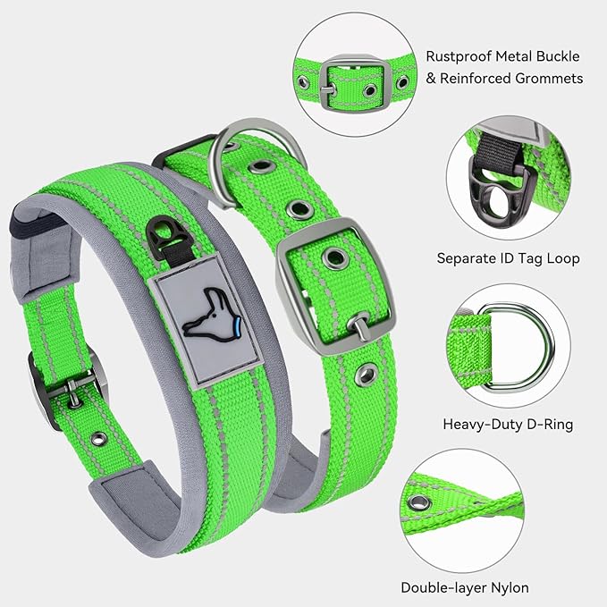Joytale Dog Collar for Large Dogs, Neoprene Padded and Adjustable, Reflective Wide Heavy Duty Pet Collars with Durable Metal Belt Buckle for Walking, Green, L