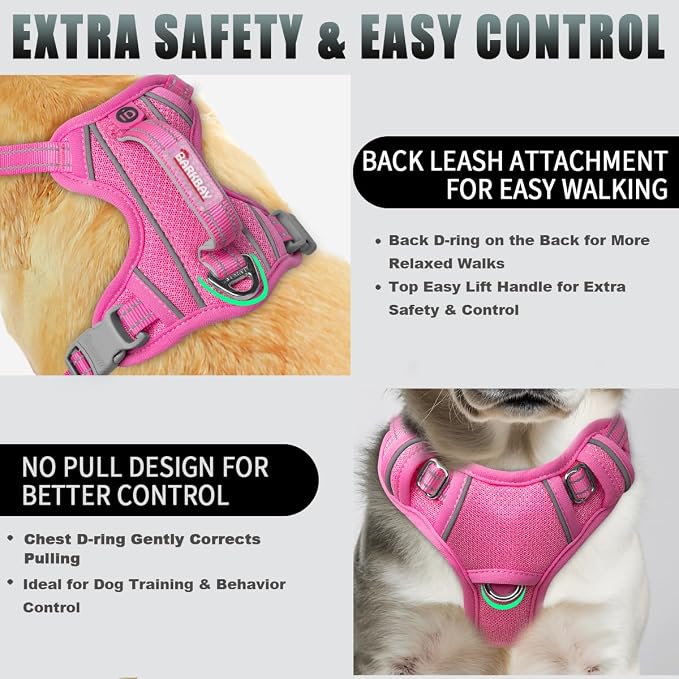 BARKBAY No Pull Dog Harness Large Reflective Dog Harness with Front Clip and Easy Control Handle for Walking Training Running with ID tag Pocket(Pink,S)