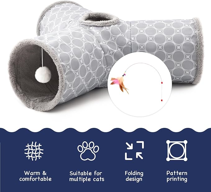 Tempcore Cat Tunnel for Indoor Cats Fleece-Lined in for Warmth, 3 Way Collapsible Pet Play Tunnel with Teaser Wand, Peek Holes & Hanging Ball, Interactive Tube for Kittens & Rabbits, Geometry Grey