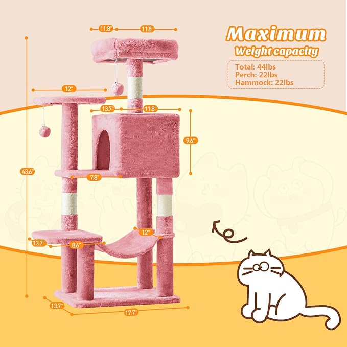 Sweetcrispy 44 Inch Cats Tree Tower, Cat Climbing Tower with Natural Sisal Scratching Posts, Hammock, Pet Condo for Indoor Cats and Kittens Play, Pink