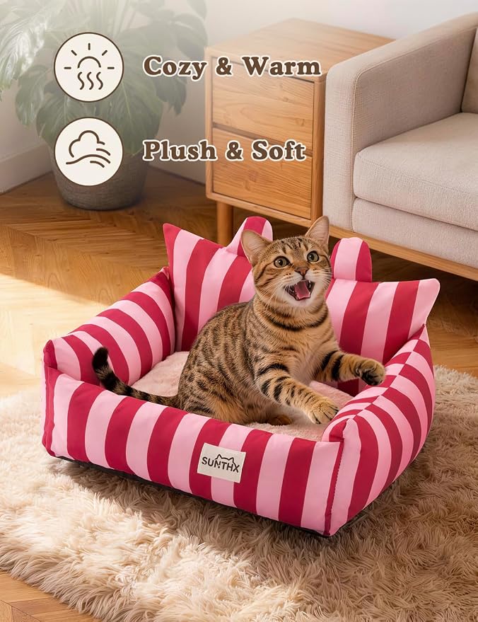 Cat Couch, Reversible Pet Bed for Indoor Cats – 2-Sided Cat Sofa with Oxford Fabric and Plush Fleece, Washable Small Dog Couch for Puppies and Senior Pets, Non-Slip Bottom, 22 inch, Pink Red