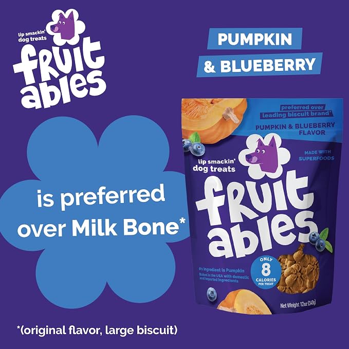 Fruitables Baked Dog Treats, Pumpkin Snacks for Dogs, Low Calorie & Delicious, No Wheat, Corn or Soy, Healthy Puppy Training Treats, Made in The USA, Pumpkin and Blueberry Flavor, 20oz