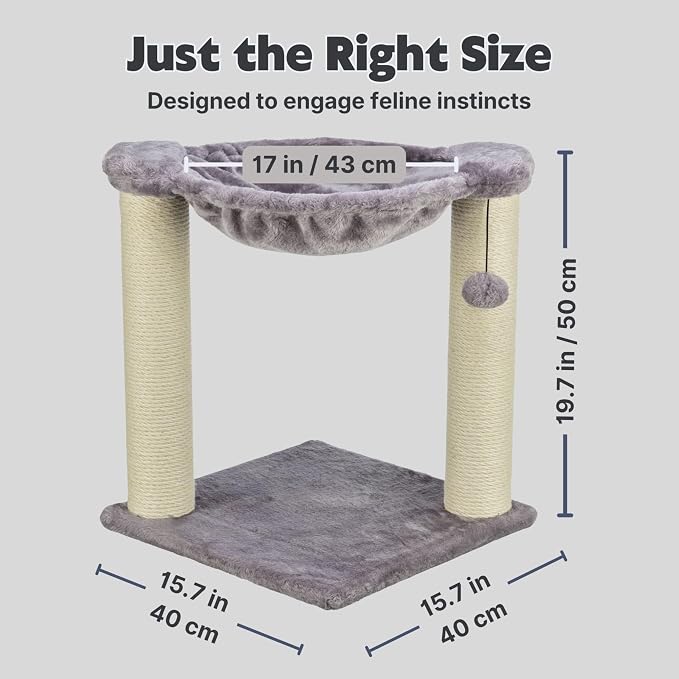 Trixie Baza Cat Scratching Posts, Gray, 15.7" L x 15.7" W x 19.7" H | Indoor Cat Furniture, Plush Hammock, Jute Scratcher Posts, Dangling Toy Ball