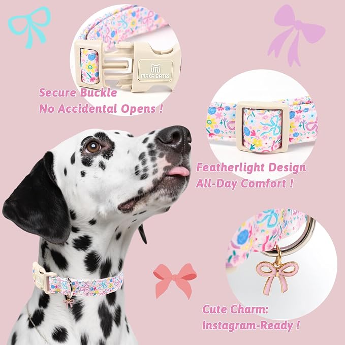 Maca Bates Colorful Floral Dog Collar with Bow Charm for Large Girl Boy Dogs, Pink Flower Bows Pattern,Pretty Blossom Adjustable Durable Soft Flowers Collars Gift for Male Female Puppy